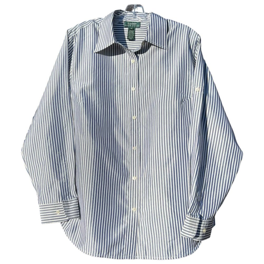 Lauren Ralph Lauren 100% Silk Shirt Long Sleeve Dusky Blue Stripes Plus Size 1X